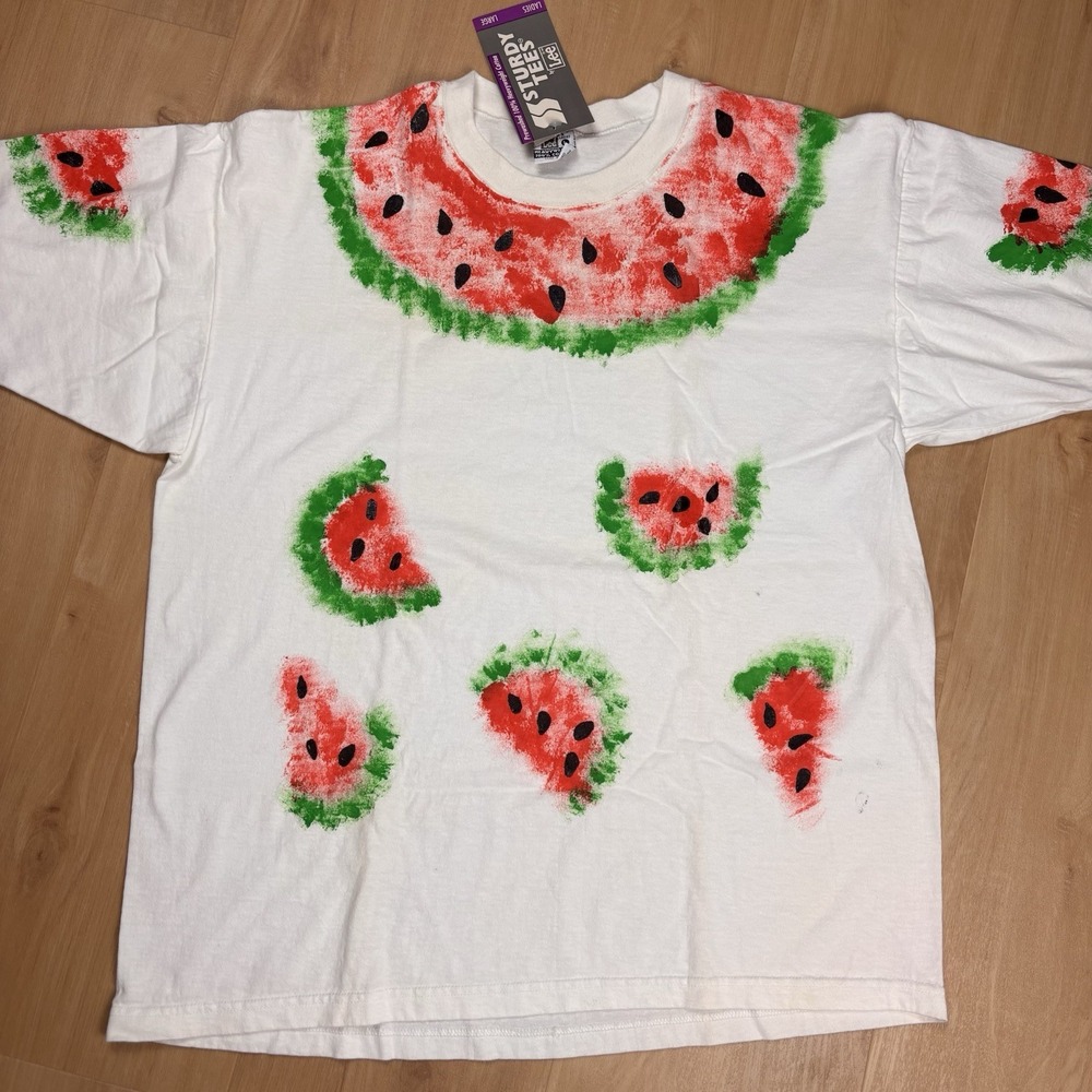 VTG Watermelon Painted All Over Print Women's Large Tshirt LEE Sturdy Tees USA